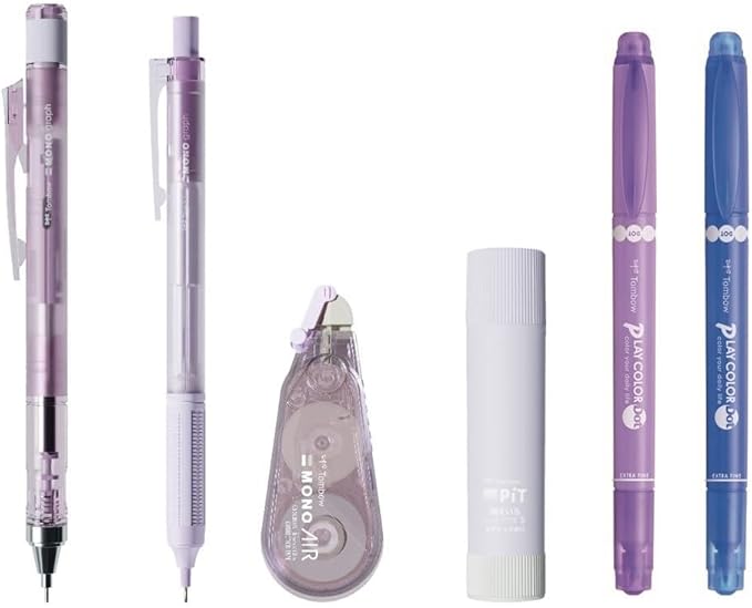 TOMBOW Pencil MONO x PiT Stationery Set, Pastel Glass, Purple, 7-Piece Set (Mechanical Pencil 0.5mm x 2, Eraser, Glue Stick, Correction Tape, Color Pen x 2) PCC-741EAZ