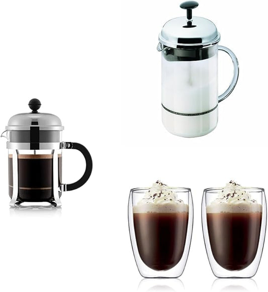 Bodum French Press, Milk Frother Set , Double Wall Glass