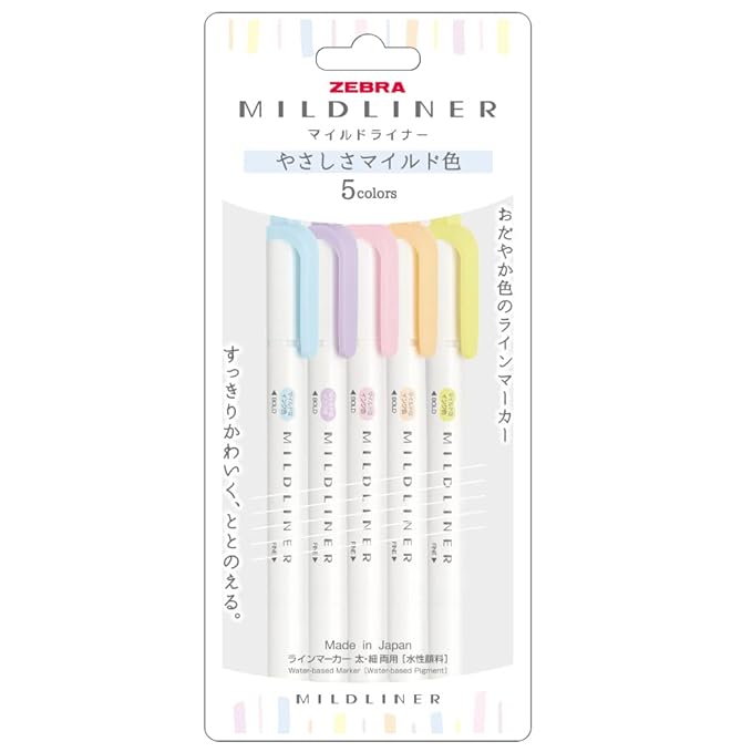 Zebra Mildliner WKT7-5C-YC Highlighter, Gentle Mild, Set of 5 Colors, Multicolor