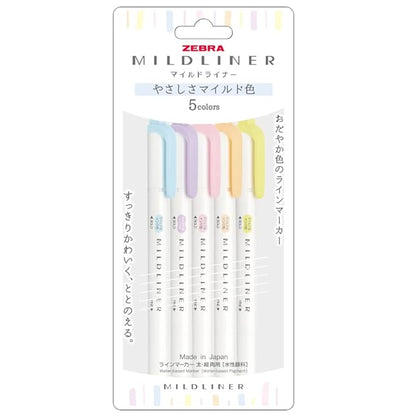 Zebra Mildliner WKT7-5C-YC Highlighter, Gentle Mild, Set of 5 Colors, Multicolor