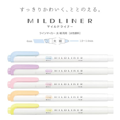 Zebra Mildliner WKT7-5C-YC Highlighter, Gentle Mild, Set of 5 Colors, Multicolor