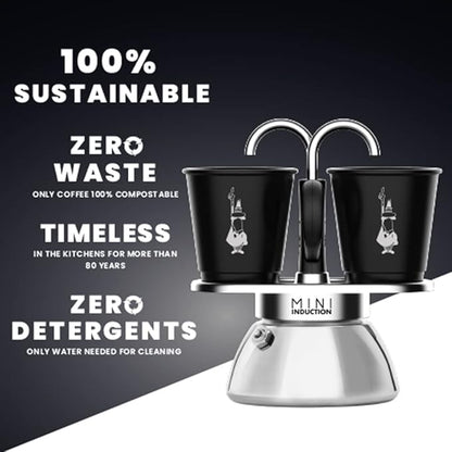 Bialetti Mini Express Induction for 2 Cups, Induction Compatible, Induction & Direct Fire/Espresso Cup