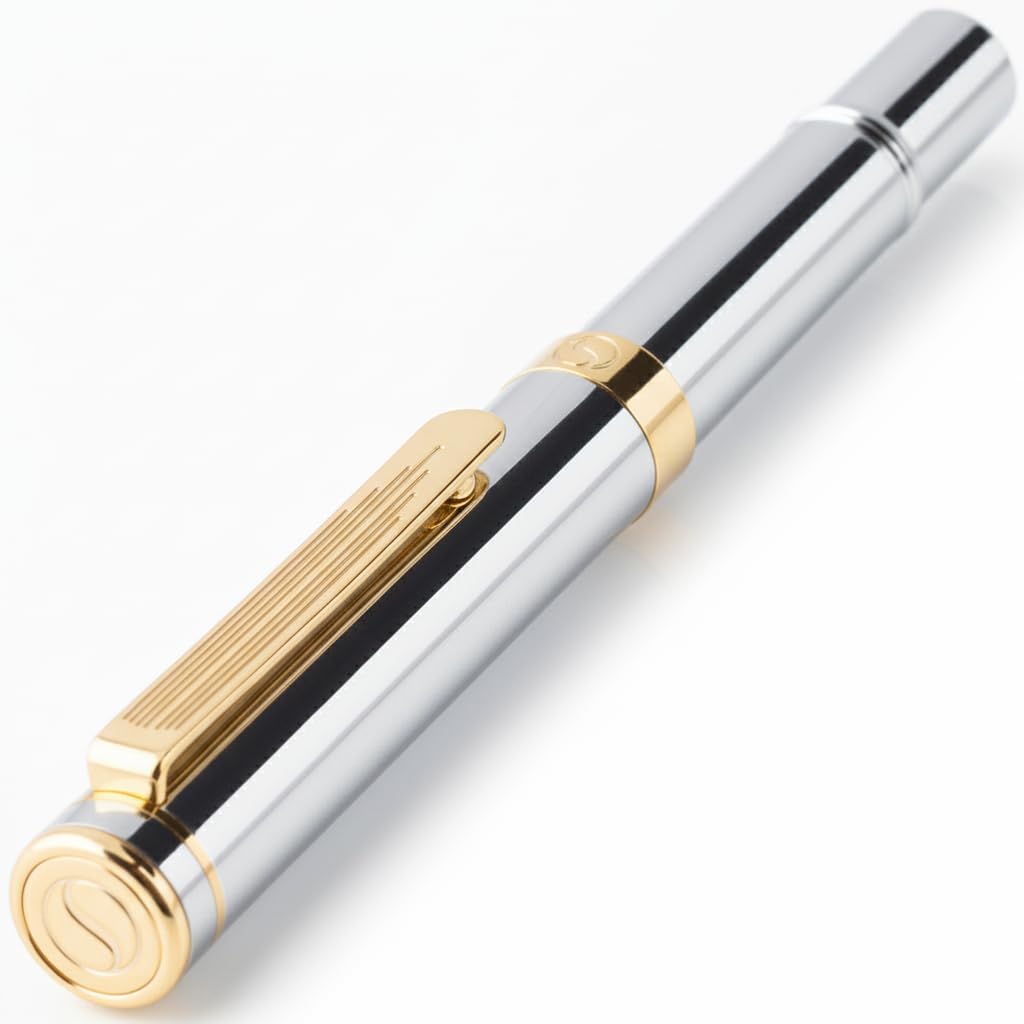 Scriveiner Silver Chrome Rollerball, Award Winning Luxury Pen, Heavy Pocket Pen, 24K Gold Finish, German Schmidt Refill, Best EDC Writing Pen Gift Set for Men & Women, Nice Designer Office Fancy Pen