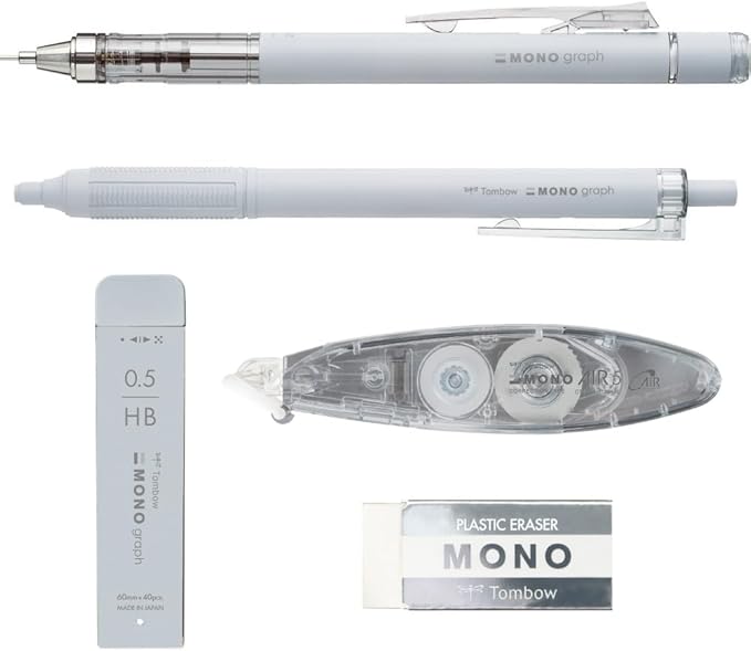 Tombow Pencil MONO PCC-541CAZ Stationery Set, Grayscale, Light Gray, 5 Piece Set (Mechanical Pencil, Pencil Lead, Eraser, Ballpoint Pen Correction Tape)