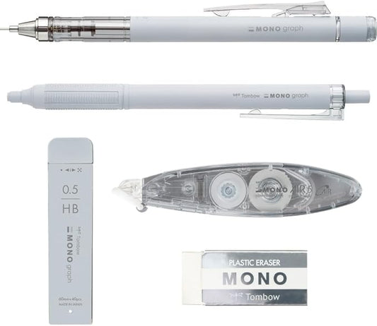 Tombow Pencil MONO PCC-541CAZ Stationery Set, Grayscale, Light Gray, 5 Piece Set (Mechanical Pencil, Pencil Lead, Eraser, Ballpoint Pen Correction Tape)