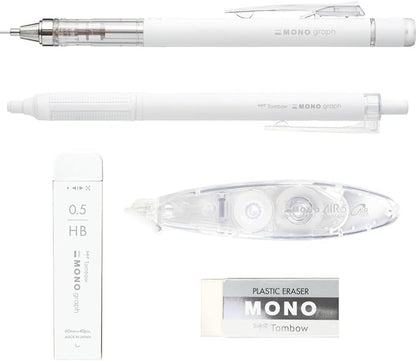 Tombow Pencil MONO PCC-541CAZ Stationery Set, Grayscale, Light Gray, 5 Piece Set (Mechanical Pencil, Pencil Lead, Eraser, Ballpoint Pen Correction Tape)