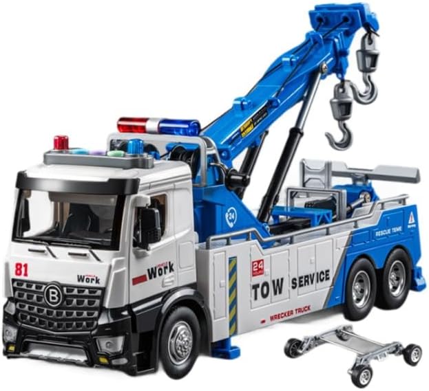 Large Trailer Toy for Boys, Movni Engineering Rescue Vehicle, Alloy Crane Vehicle, Transport Vehicle for Children (Alloy Version (Blue) Double Hook Vehicle Includes Brackets) (Alloy Version (Red