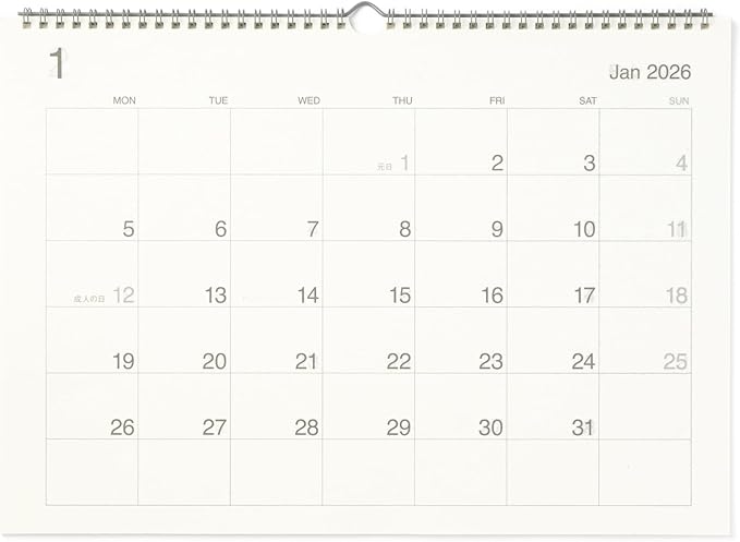 MUJI 84854644 Wall Calendar, Beginning on Monday, January - December 2026, A3 Horizontal Type