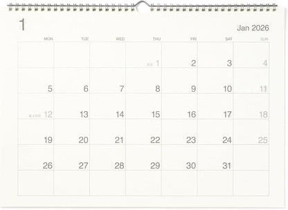 MUJI 84854644 Wall Calendar, Beginning on Monday, January - December 2026, A3 Horizontal Type