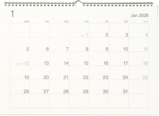 MUJI 84854644 Wall Calendar, Beginning on Monday, January - December 2026, A3 Horizontal Type
