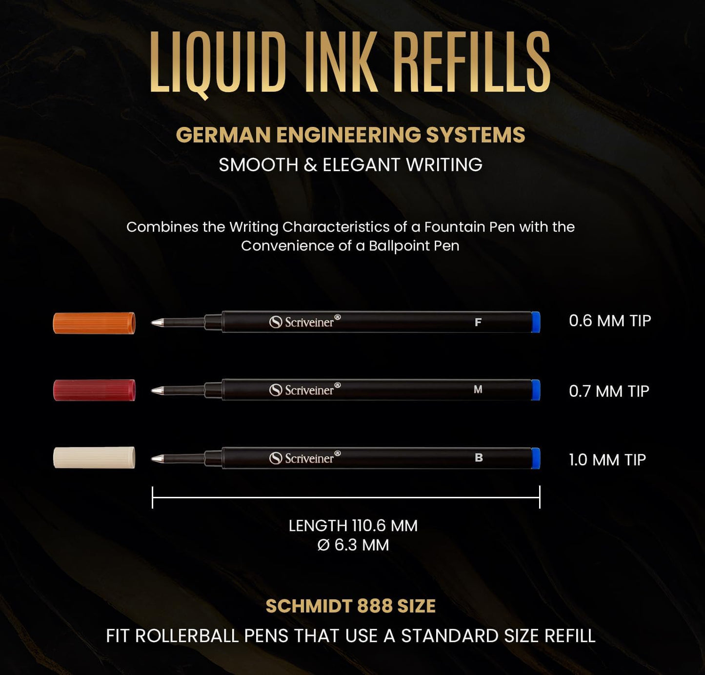 Scriveiner Blue Fine Rollerball Refills - Set of 4 Rollerball Refills for Scriveiner Pens - Safe Ceramic No-Dry Roller Pen Refills F - Schmidt888 Size - Made in Germany