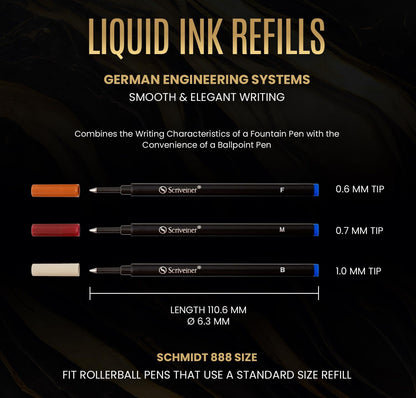 Scriveiner Blue Fine Rollerball Refills - Set of 4 Rollerball Refills for Scriveiner Pens - Safe Ceramic No-Dry Roller Pen Refills F - Schmidt888 Size - Made in Germany