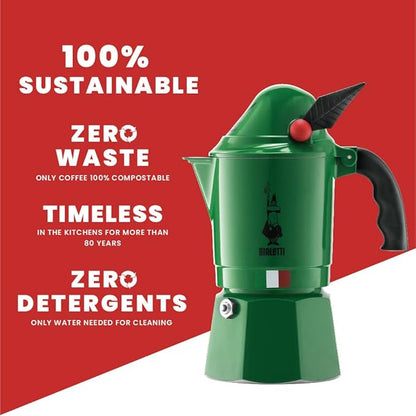 Bialetti Espresso Maker, Direct Fire, Moka Alpina, 3 Cups, Coffee Makinetta, Green, 0002762