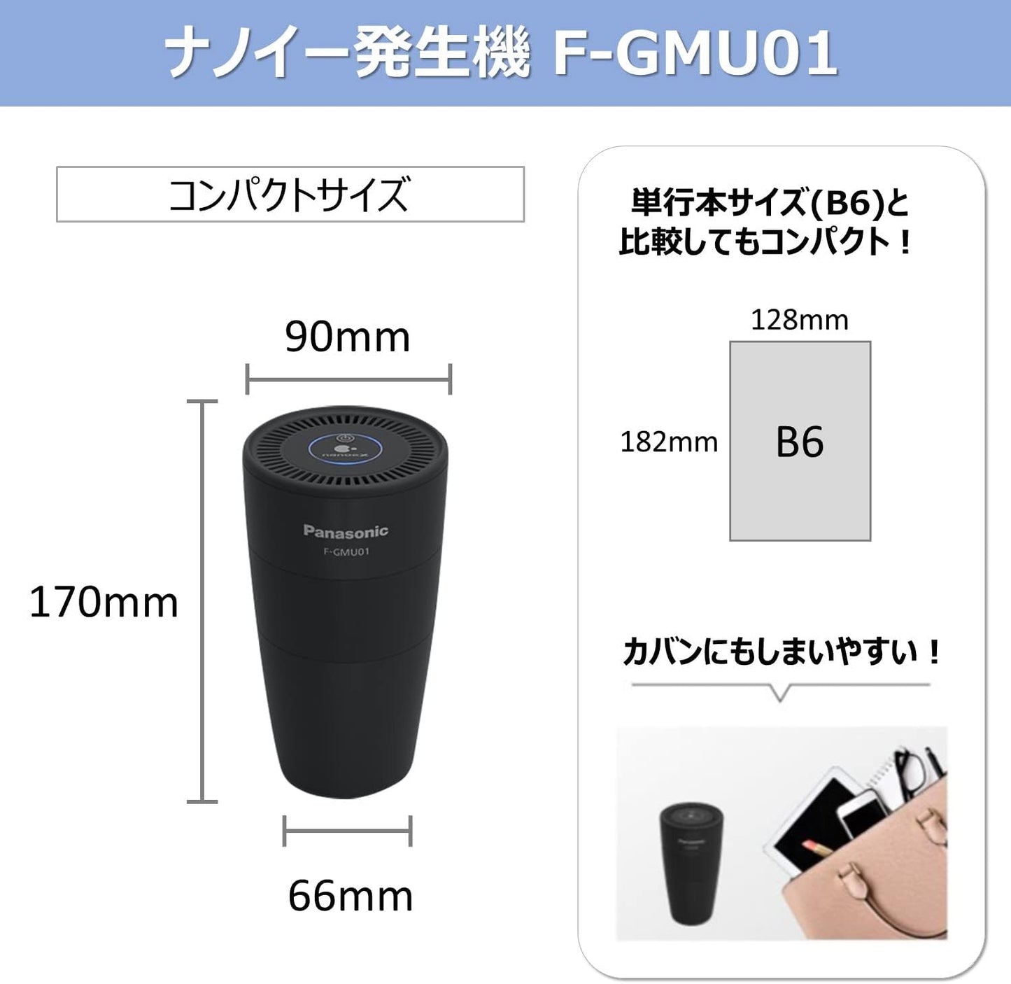 Panasonic Nanoe X 4.8 Trillion Generation Unit Black F-GMU01-K with USB Power Cord for Use in Cars, Offices, and Outings to Keep Nearby Air Clean