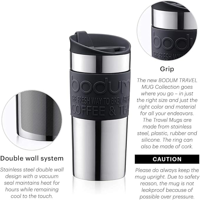 BODUM Tumbler Water Bottle Travel  Mug 350ml Black Stainless Steel