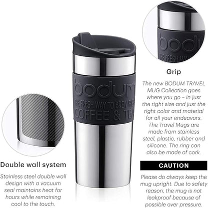 BODUM Tumbler Water Bottle Travel  Mug 350ml Black Stainless Steel