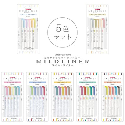 Zebra Mildliner WKT7-5C-YC Highlighter, Gentle Mild, Set of 5 Colors, Multicolor