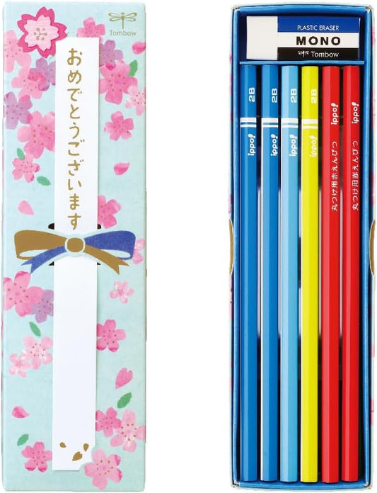 TOMBOW MP-KM02-2B Celebration Pencil Set (10 Kakata Pencils, 2 Red Pencils,  Eraser) Blue
