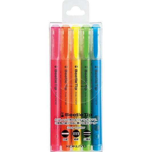 Kokuyo Beetel Tip 3-Way Highlighter - Pack of 5, Multi