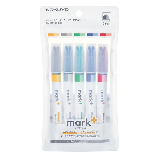 KOKUYO PM-MT100-5S2 Highlighter, 2 Tone Color Markers, Marktus, Set of 5 Colors