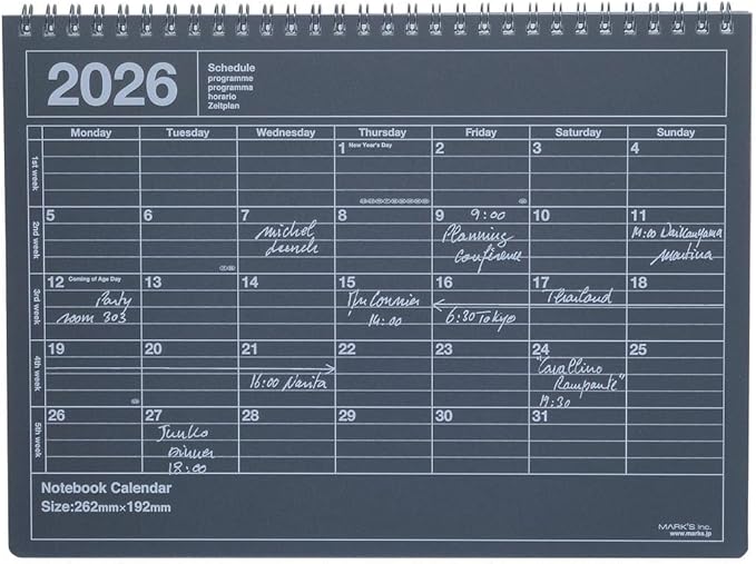 2026 Planner, Schedule Notebook, Starts from January 2026, Monthly Block, B5 Variation, Notebook Calendar, M, Black, Marks 26WDR-NB1-BK