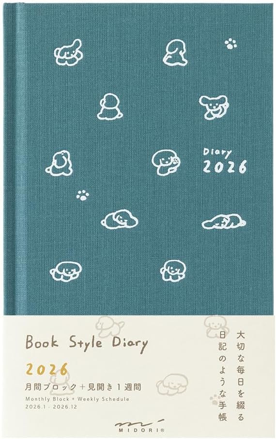 Midori 22380006 Book-style Diary, 2026, B6 Variation, Weekly Dog Pattern, Teal (Begins January 2026)
