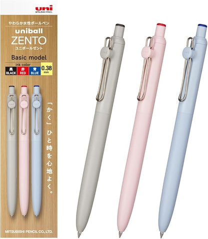 Mitsubishi Pencil Uniball ZENTO Basic 0.38 Water-Based Ballpoint Pen Set of 3 Black Red Blue UBNZS38.3C