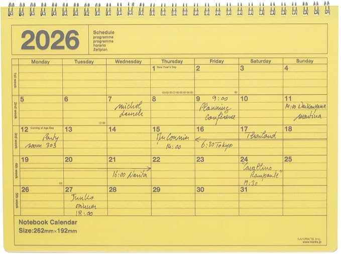 2026 Planner, Schedule Book, Starts from January 2026, Monthly Block, B5 Variation, Notebook Calendar, M, Yellow, Marks 26WDR-NB1-YE