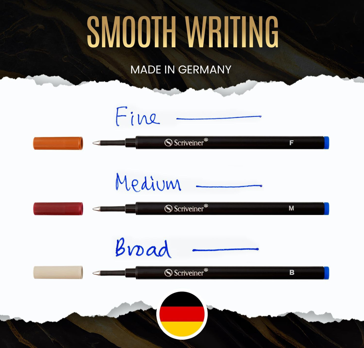 Scriveiner Blue Fine Rollerball Refills - Set of 4 Rollerball Refills for Scriveiner Pens - Safe Ceramic No-Dry Roller Pen Refills F - Schmidt888 Size - Made in Germany