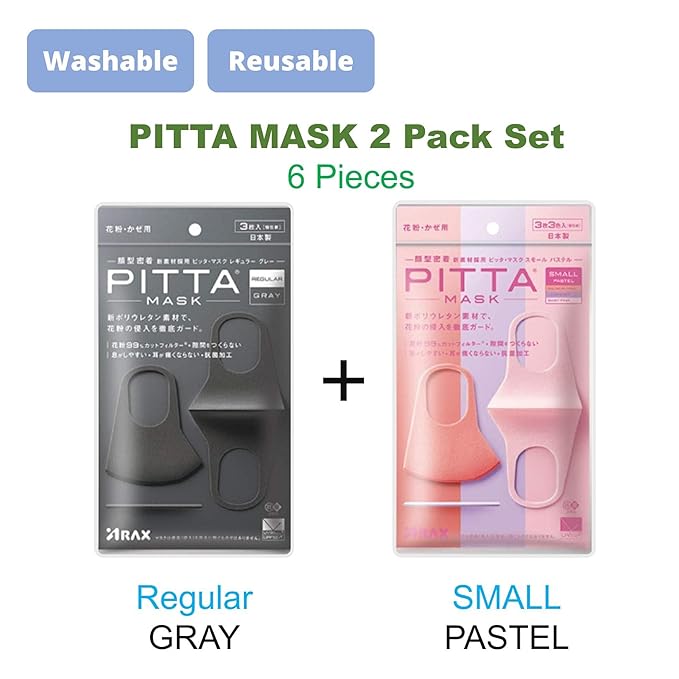 Pitta Mask 2 Pack Set (3+3 Masks) - Regular GRAY 1pack and Small PASTEL 1pack