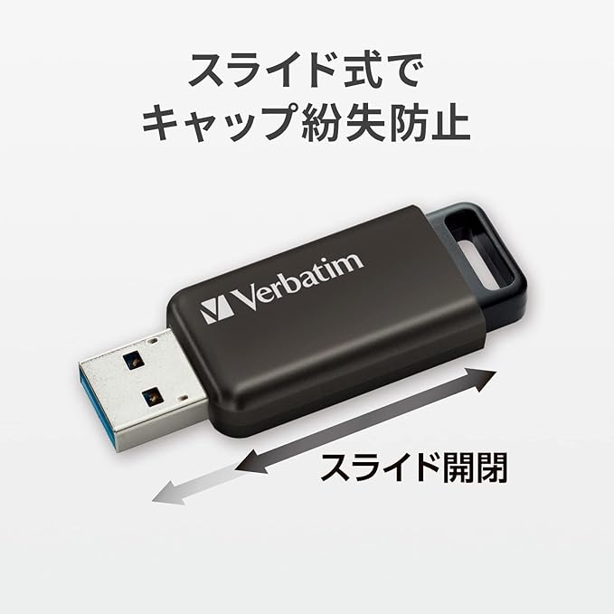 Verbatim Japan USBSLM128GZV1 USB Memory, 128 GB, USB 3.2 (Gen1), Slide Type, Strap Hole, Compatible with Windows and Mac, Black