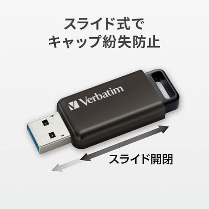 Verbatim Japan USBSLM128GZV1 USB Memory, 128 GB, USB 3.2 (Gen1), Slide Type, Strap Hole, Compatible with Windows and Mac, Black