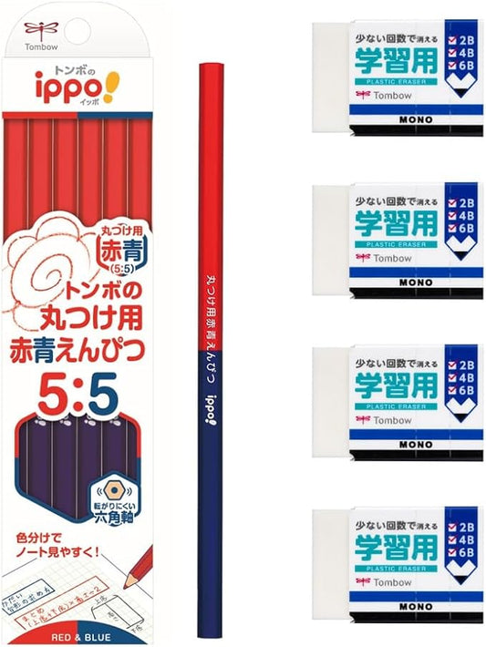 TOMBOW  Dragonfly Pencil, Red and Blue Pencil, Ippo For Round Use, 1 Dozen CV-KIVP + Tombow Pencil, Eraser, MONO, For Learning, Pack of 4 JCC-411AZ