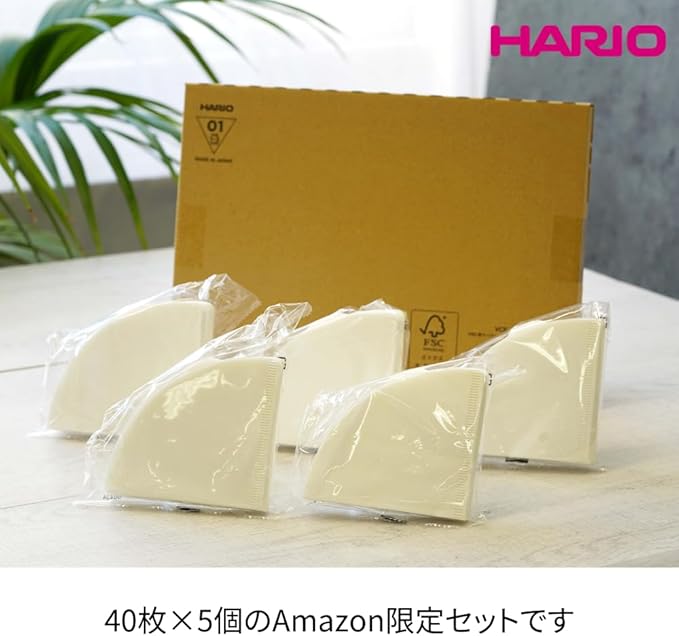 Hario VCF-01-40W-5S-AZ+ V60 Coffee Filter, For 1-2 Cups, 200 Sheets, Set of 40 Sheets × 5 Packs, Amazon Original Set, Made in Japan, FSC Certified Product, 01, W, White