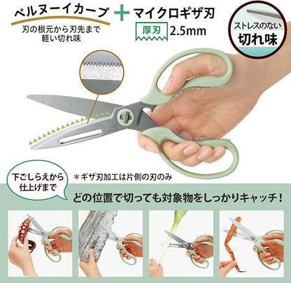 Plus Kitchen Scissors, Multi-functional (Peeling, Corkscrew, Lid Opener, Knife) Dishwasher Safe, Stress-Free Cutting, FitCut Curve, Pistachio Green SC-200SWM 35-708