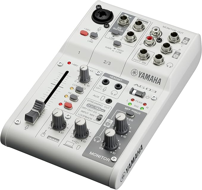 Yamaha AG03MK2W MC Live Streaming Mixer, 3 m Microphone Cable Set, 3 Channels, White
