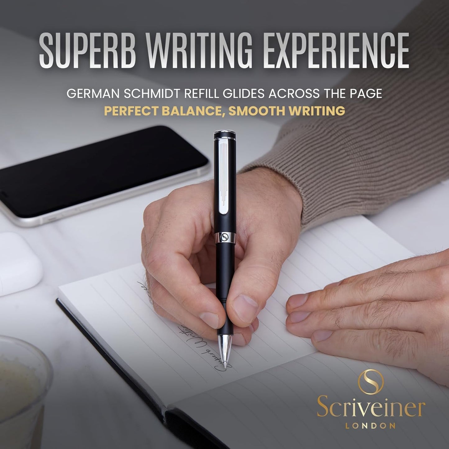 Scriveiner Black Rollerball EDC Luxury Pen, Stunning Pocket Pen with Chrome Finish, Cool Writing Pen, Best Pen Gift for Men & Women, German Schmidt Refill, Nice Present, Fancy Office Designer Pen Set