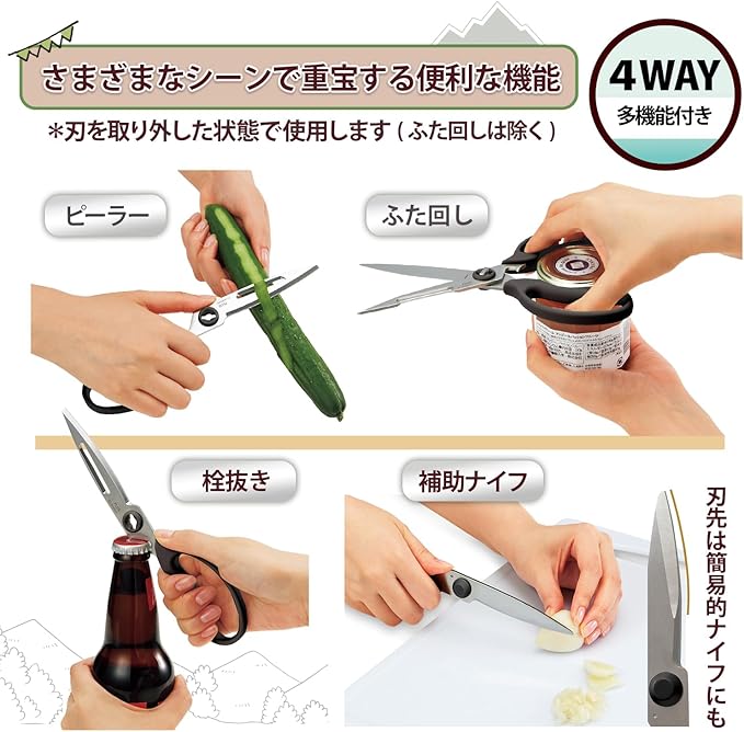 Plus SC-200SWM 35-710 Kitchen Scissors, Multifunctional (Peeler, Bottle Opener, Lid Opener, Knife), Dishwasher Safe, Stress Free Sharpness, Fit Cut Curve, Black