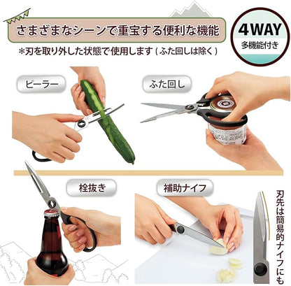 Plus SC-200SWM 35-710 Kitchen Scissors, Multifunctional (Peeler, Bottle Opener, Lid Opener, Knife), Dishwasher Safe, Stress Free Sharpness, Fit Cut Curve, Black