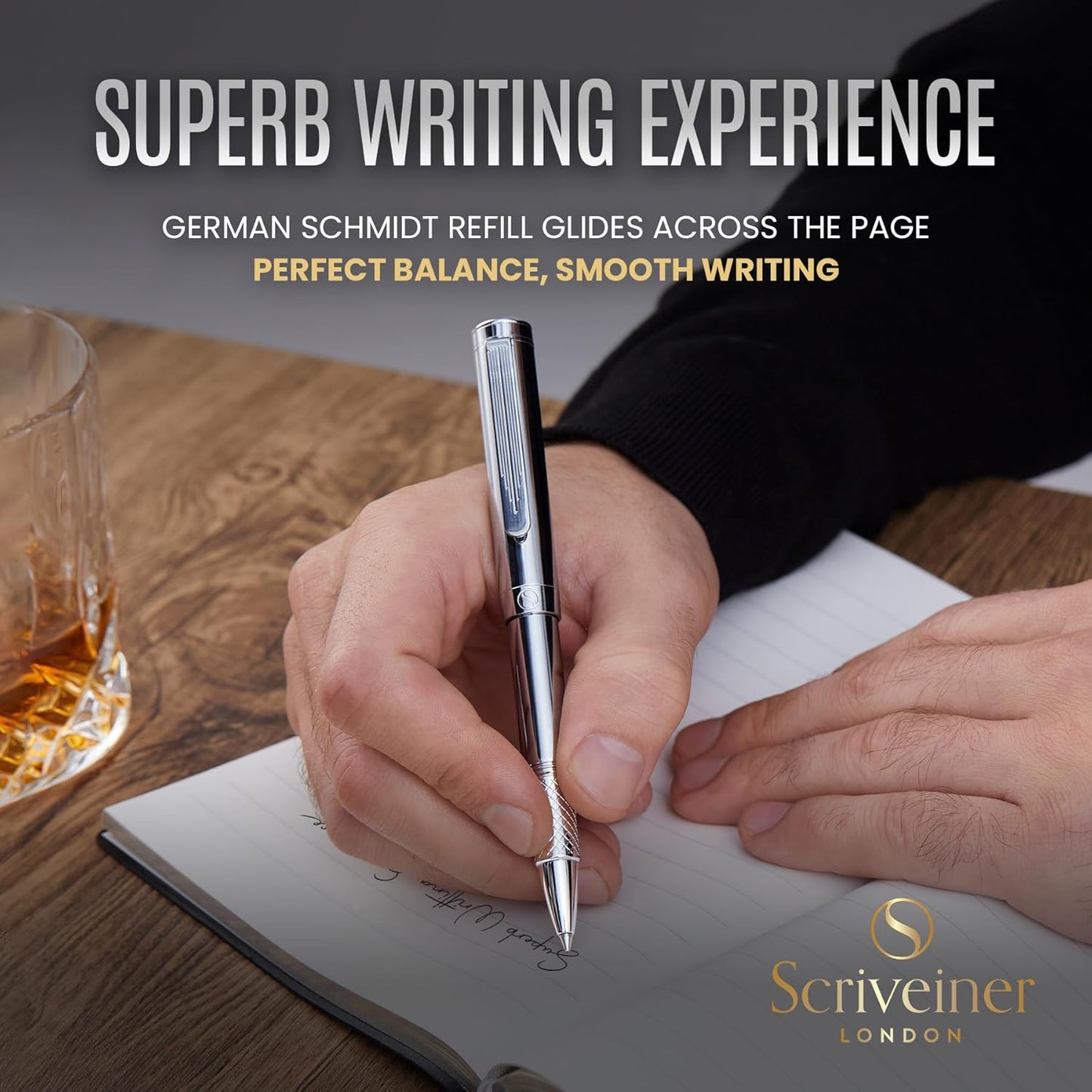 Scriveiner Silver Chrome Ballpoint Pen EDC Luxury Pen Glamorous Heavy Pocket Pen Chrome Finish Comfortable Writing Pen Best Pen for Men Women Gift German Schmidt Refill Nice Office Designer Pen Set