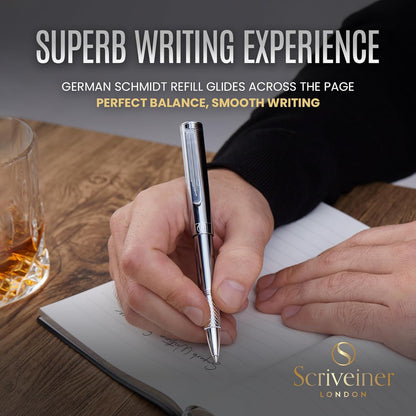 Scriveiner Silver Chrome Ballpoint Pen EDC Luxury Pen Glamorous Heavy Pocket Pen Chrome Finish Comfortable Writing Pen Best Pen for Men Women Gift German Schmidt Refill Nice Office Designer Pen Set