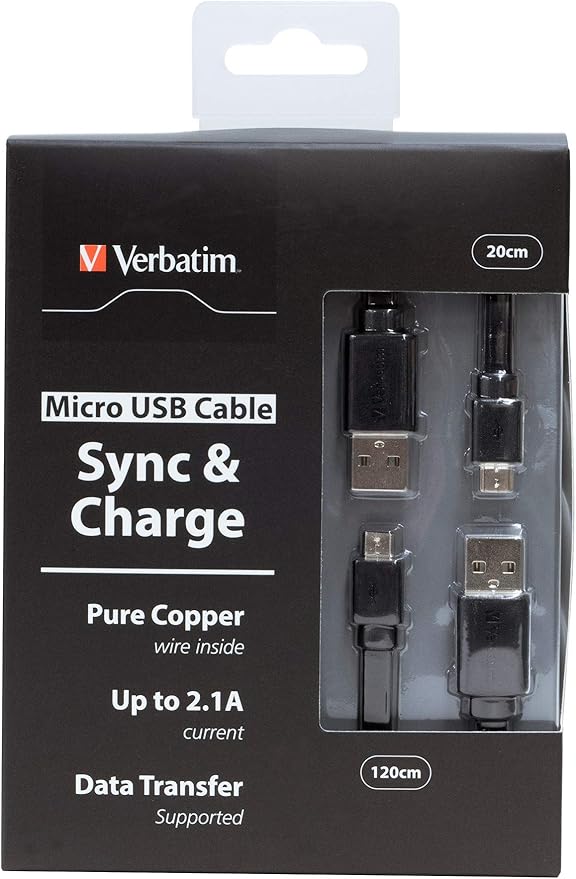 Verbatim 64754 Barbitum Micro USB Cable, 47.2 x 7.9 inches (120 + 20 cm), Black