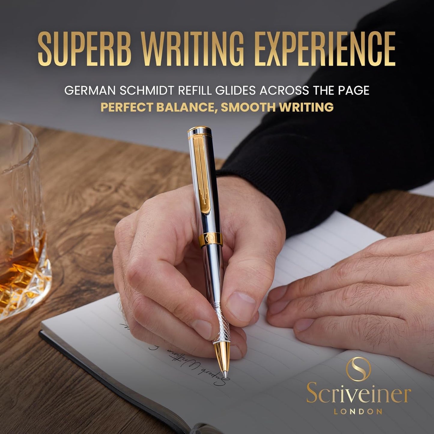 Scriveiner Silver Chrome Rollerball, Award Winning Luxury Pen, Heavy Pocket Pen, 24K Gold Finish, German Schmidt Refill, Best EDC Writing Pen Gift Set for Men & Women, Nice Designer Office Fancy Pen