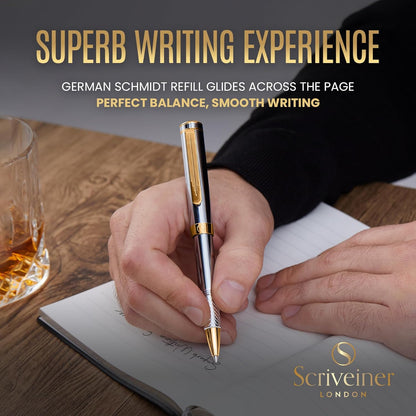 Scriveiner Silver Chrome Rollerball, Award Winning Luxury Pen, Heavy Pocket Pen, 24K Gold Finish, German Schmidt Refill, Best EDC Writing Pen Gift Set for Men & Women, Nice Designer Office Fancy Pen
