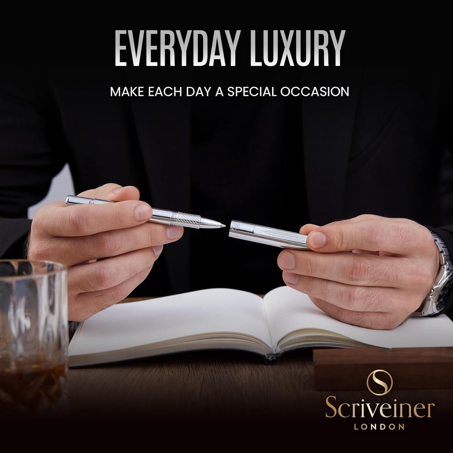 Scriveiner Silver Chrome Ballpoint Pen EDC Luxury Pen Glamorous Heavy Pocket Pen Chrome Finish Comfortable Writing Pen Best Pen for Men Women Gift German Schmidt Refill Nice Office Designer Pen Set