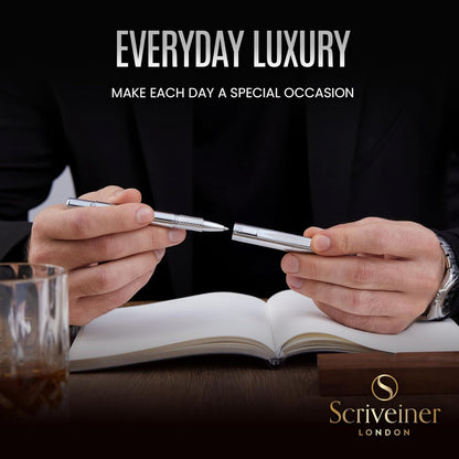 Scriveiner Silver Chrome Ballpoint Pen EDC Luxury Pen Glamorous Heavy Pocket Pen Chrome Finish Comfortable Writing Pen Best Pen for Men Women Gift German Schmidt Refill Nice Office Designer Pen Set