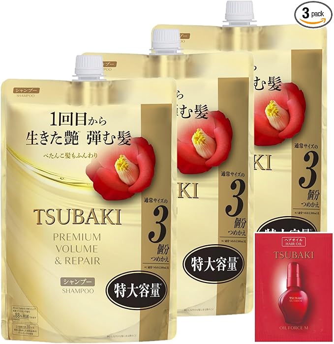 TSUBAKI Shampoo Refill, 30.4 fl oz (900 ml) x 3 + Free [Premium Volume & Repair] Fluffy Oil Force Bouncy Gloss Hari Koshi