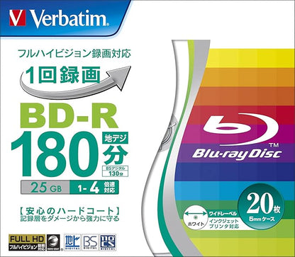 Verbatim Japan 20 BD-R 25GB 1-time recording Blu-ray discs, white printable, single-sided, single layer, 1-4x speed VBR130YP20V1
