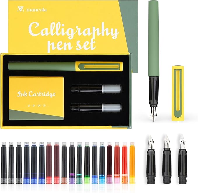 Mancola MA-F118 Fountain Pen Set with 1 Fountain Pen, 3 Different Nibs, 18 Ink Cartridges (13 Colors) with Color Contrast Design