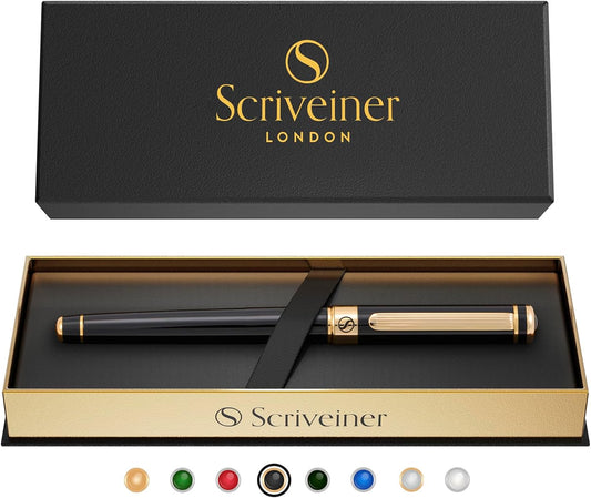 Scriveiner Luxury Rollerball Pen, 24k Gold Finish, Schmidt Ink Refill, Stunning Gift Set, Perfect for Men, Women, Professionals, Executives, Office Black, Stunning, Black Lacquer